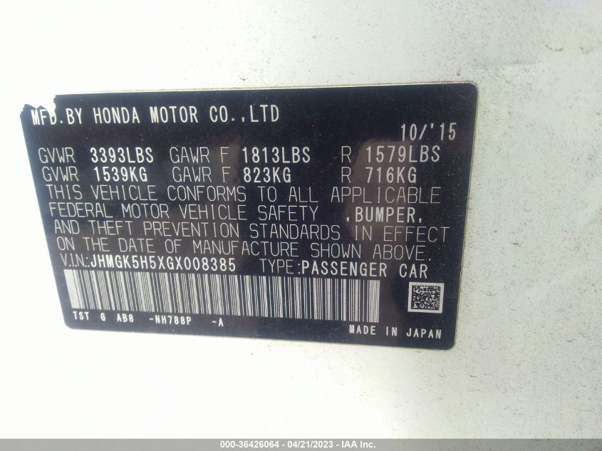 2016 HONDA FIT LX - JHMGK5H5XGX008385