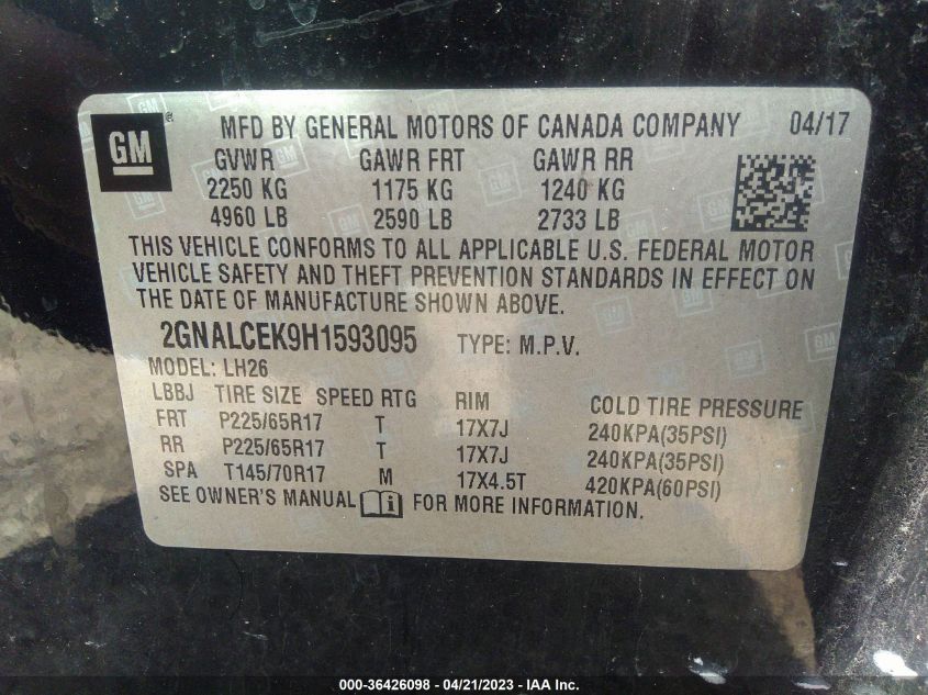 2017 CHEVROLET EQUINOX LT - 2GNALCEK9H1593095