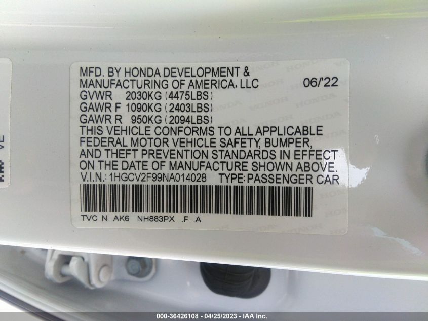 2022 HONDA ACCORD SEDAN TOURING - 1HGCV2F99NA014028
