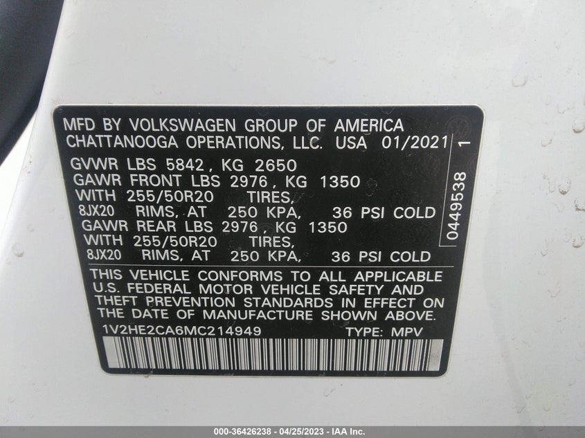 VIN 1V2HE2CA6MC214949 2021 VOLKSWAGEN ATLAS CROSS SPORT 3.6L V6 SE W/TECHNOLOGY