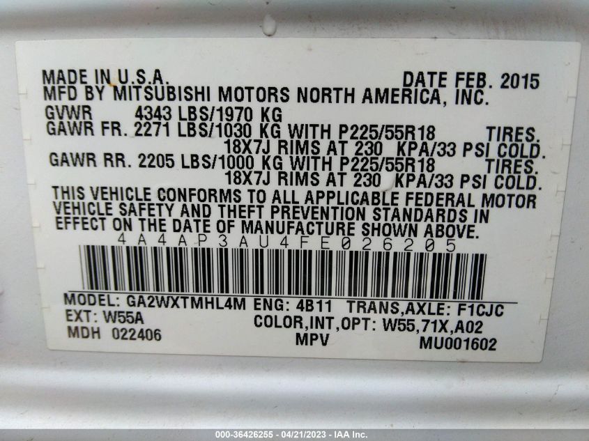 2015 MITSUBISHI OUTLANDER SPORT ES - 4A4AP3AU4FE026205