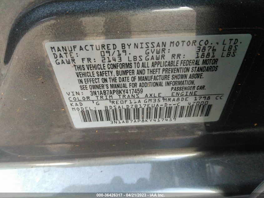 2019 NISSAN SENTRA SV - 3N1AB7AP8KY417459