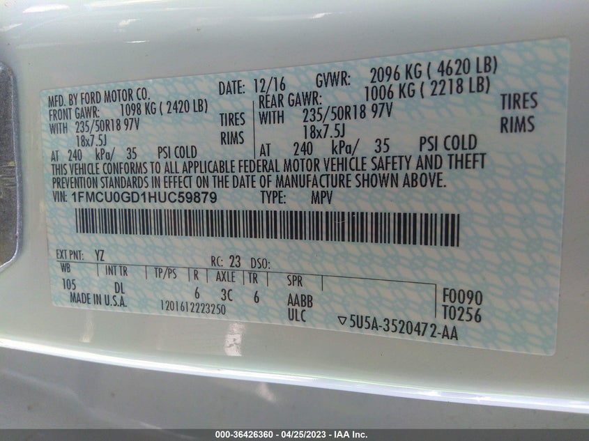 VIN 1FMCU0GD1HUC59879 2017 FORD ESCAPE SE