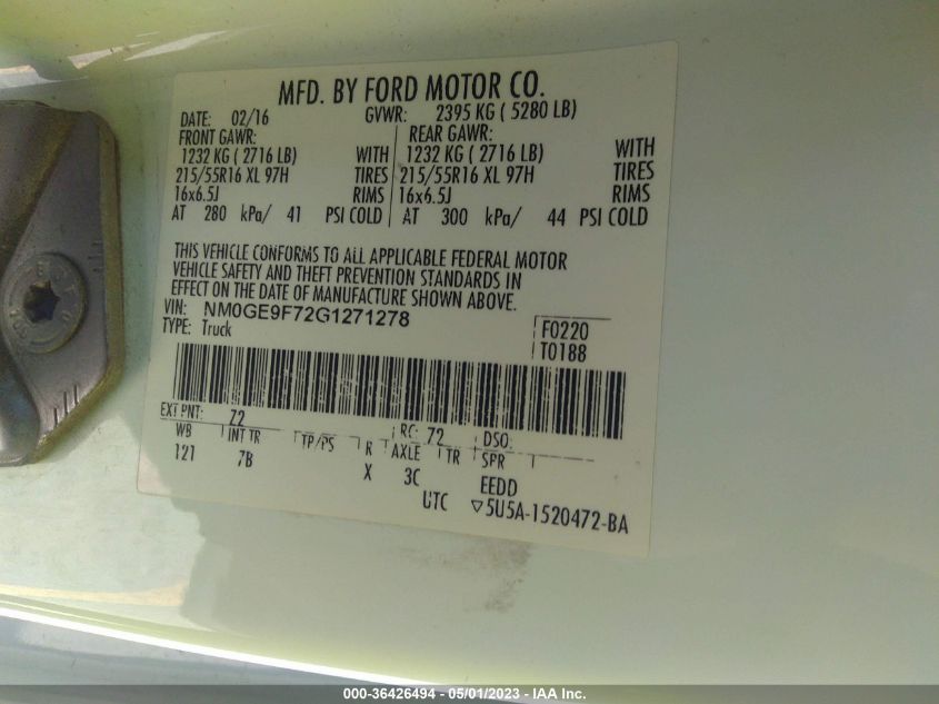 2016 FORD TRANSIT CONNECT WAGON XLT NM0GE9F72G1271278
