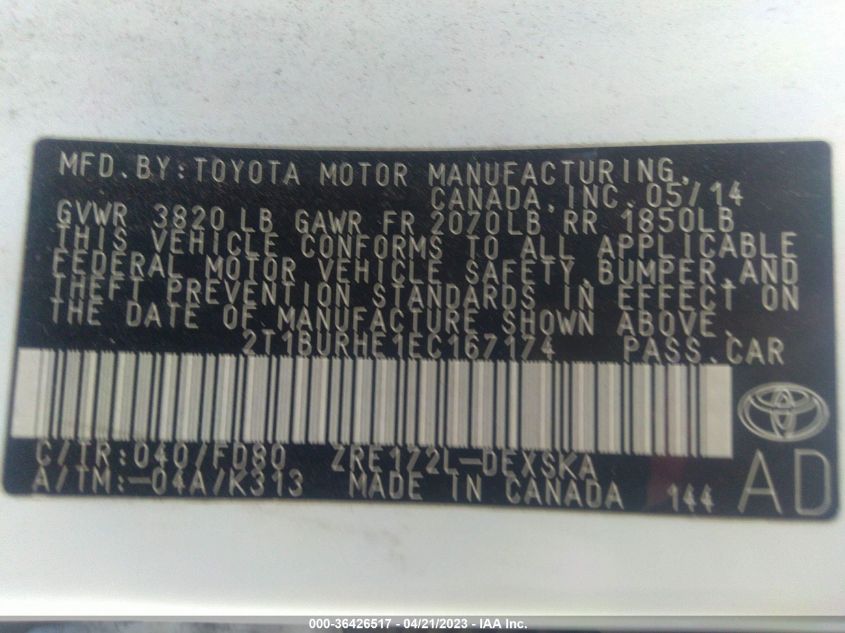 2014 TOYOTA COROLLA L/LE/S/S PLUS/LE PLUS - 2T1BURHE1EC167174