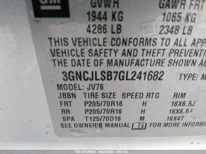 2016 CHEVROLET TRAX LT - 3GNCJLSB7GL241682