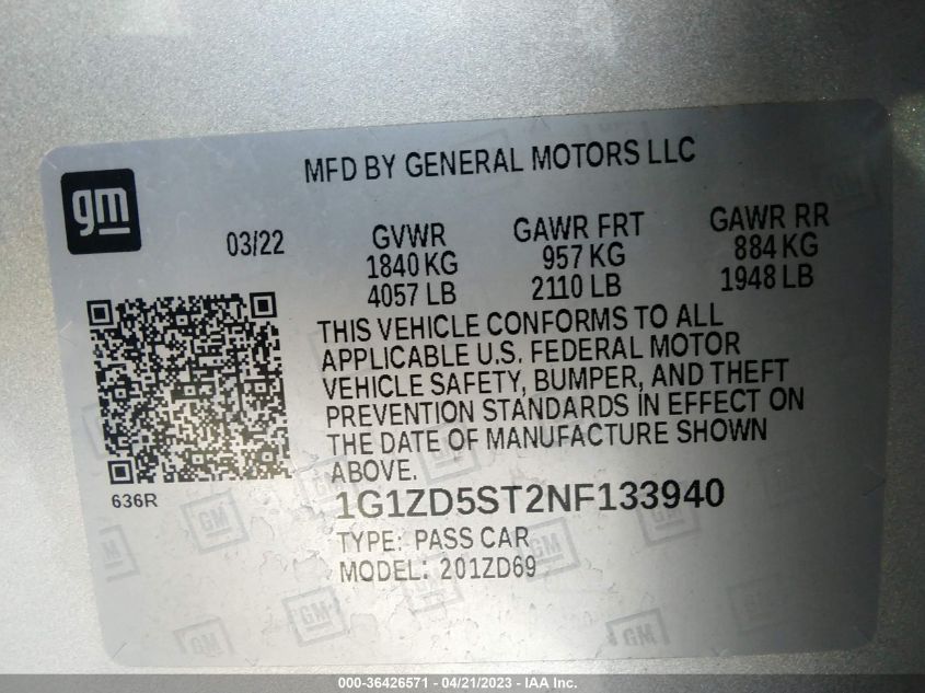 2022 CHEVROLET MALIBU LT - 1G1ZD5ST2NF133940