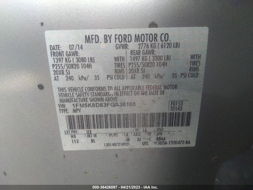 2015 FORD EXPLORER XLT - 1FM5K8D83FGA38168