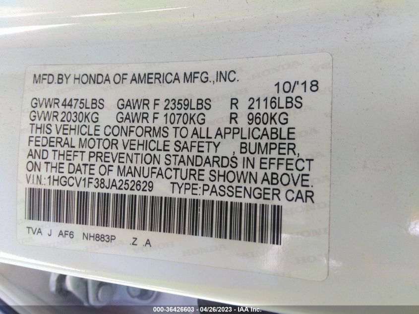 2018 HONDA ACCORD SEDAN SPORT 1.5T - 1HGCV1F38JA252629
