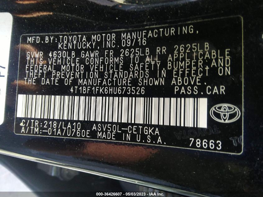 2017 TOYOTA CAMRY SE - 4T1BF1FK6HU673526