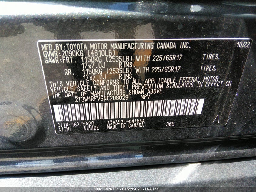 VIN 2T3W1RFV6NC208029 2022 TOYOTA RAV4 XLE