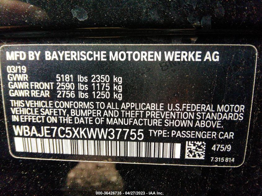 2019 BMW 5 SERIES 540I XDRIVE - WBAJE7C5XKWW37755