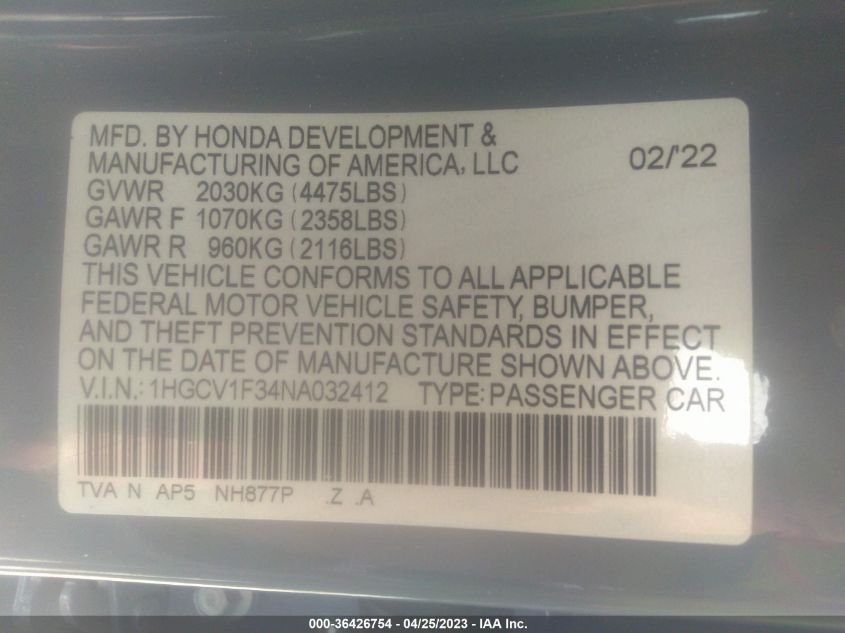 2022 HONDA ACCORD SEDAN SPORT - 1HGCV1F34NA032412