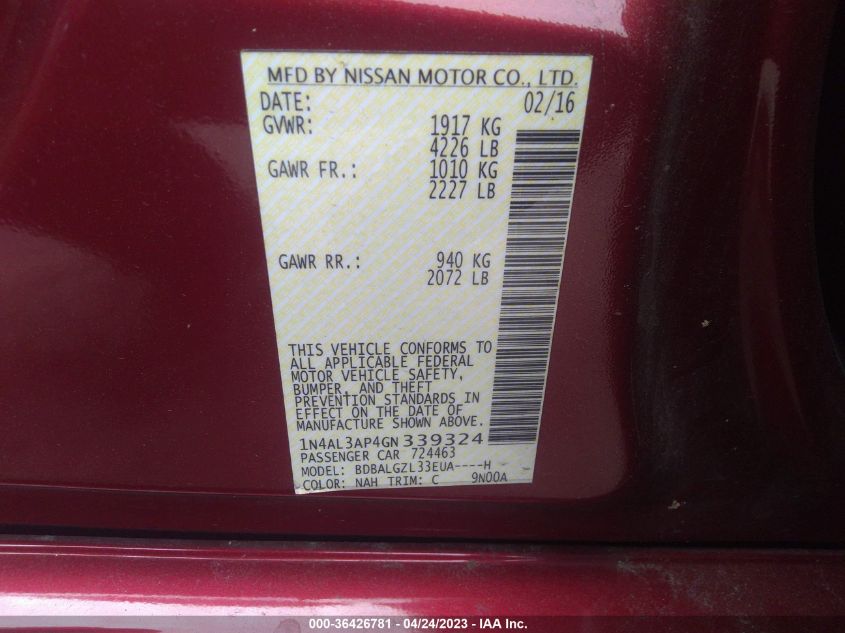 2016 NISSAN ALTIMA 2.5 S - 1N4AL3AP4GN339324