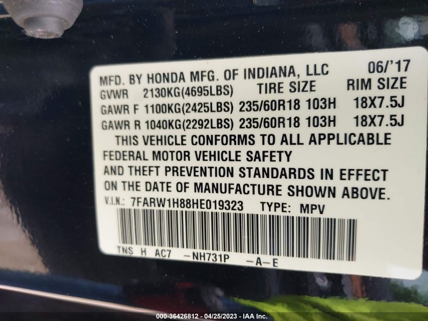 2017 HONDA CR-V EX-L - 7FARW1H88HE019323
