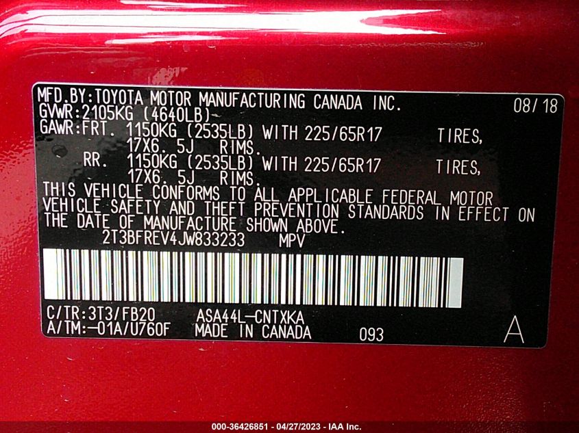 2018 TOYOTA RAV4 LE - 2T3BFREV4JW833233
