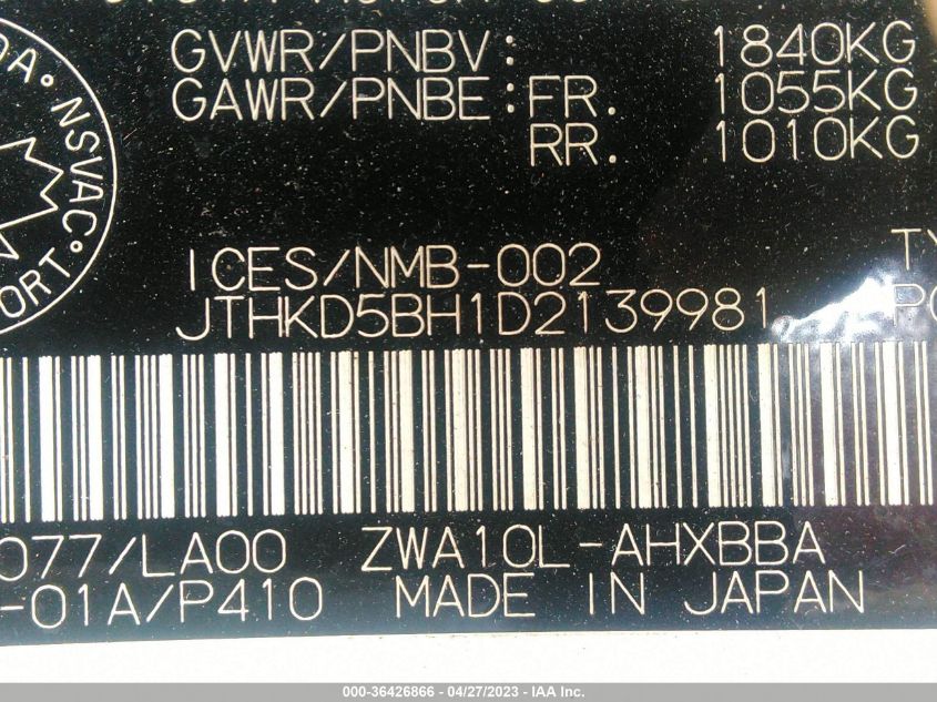 2013 LEXUS CT 200H - JTHKD5BH1D2139981