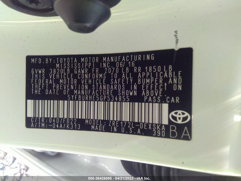 2016 TOYOTA COROLLA L/LE/S/S PLUS/LE PLUS - 5YFBURHE5GP534855