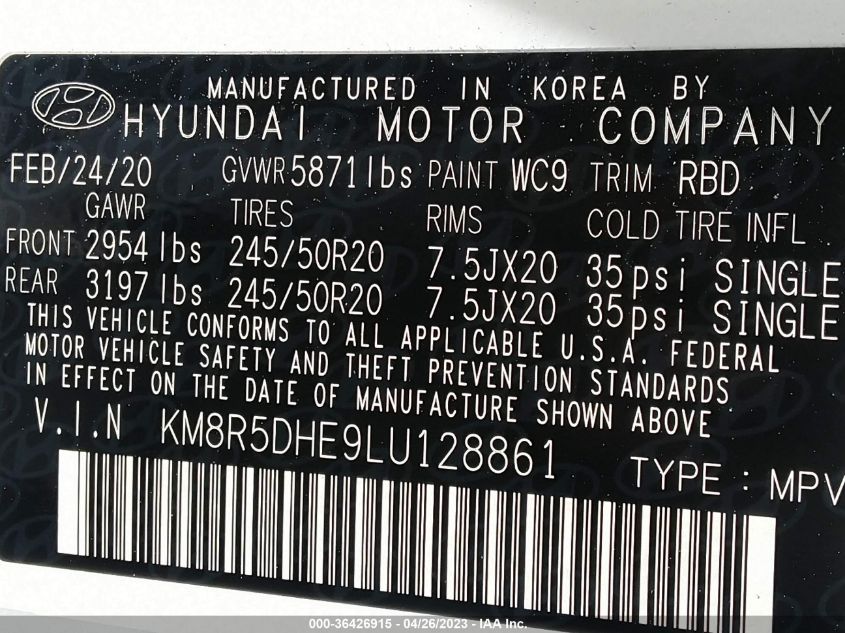 2020 HYUNDAI PALISADE LIMITED - KM8R5DHE9LU128861