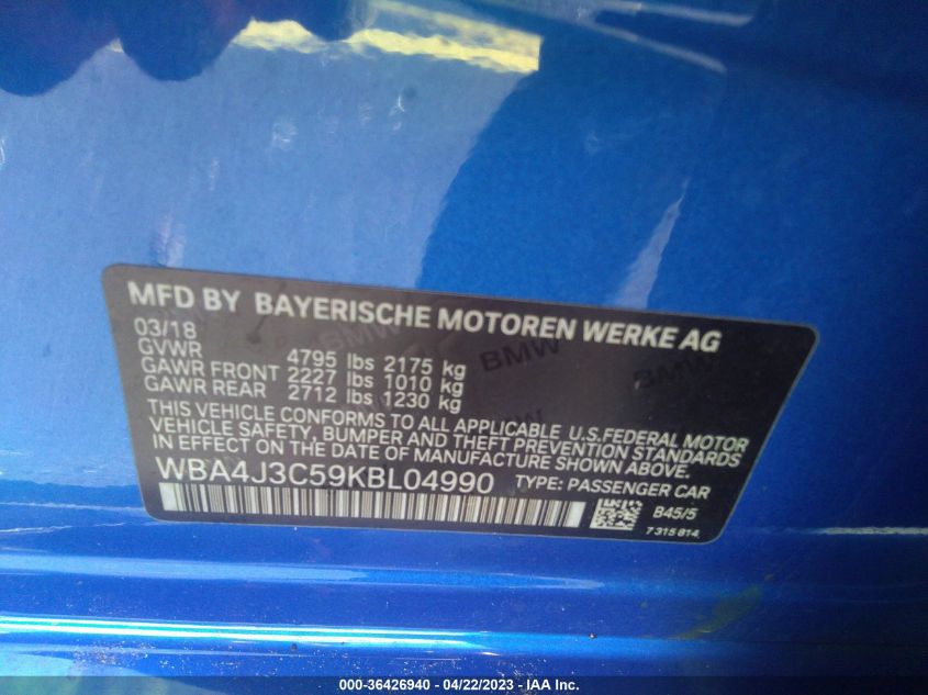 2019 BMW 4 SERIES 430I XDRIVE - WBA4J3C59KBL04990