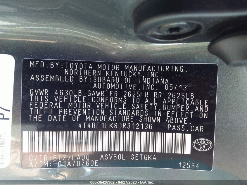 2013 TOYOTA CAMRY L/LE/SE/XLE - 4T4BF1FK8DR312136