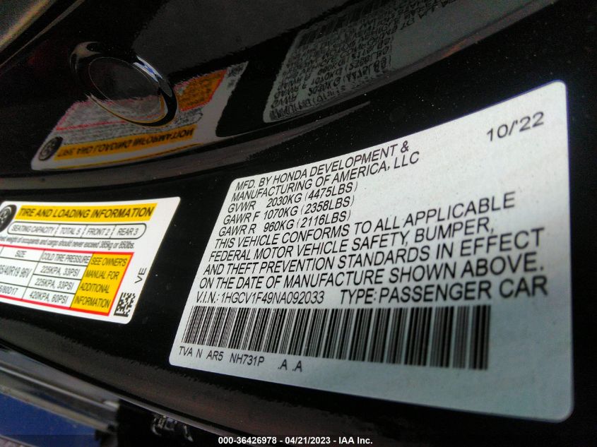 2022 HONDA ACCORD SEDAN SPORT SE - 1HGCV1F49NA092033