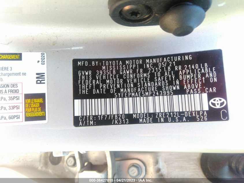2021 TOYOTA COROLLA LE - 5YFEPMAE5MP243995