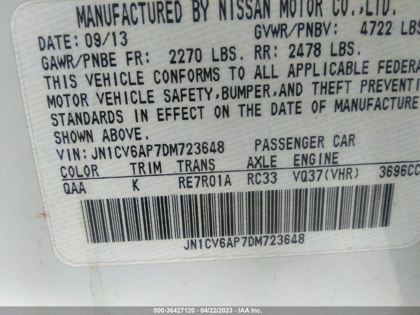 2013 INFINITI G37 SEDAN JOURNEY JN1CV6AP7DM723648