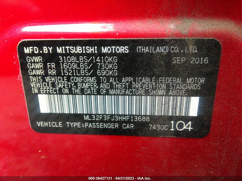 2017 MITSUBISHI MIRAGE G4 ES - ML32F3FJ3HHF13688