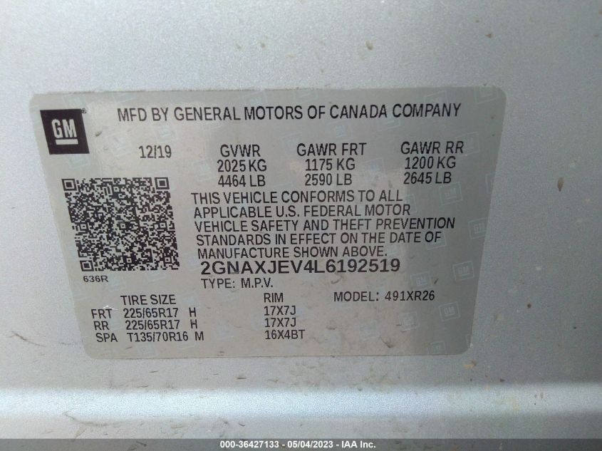 2020 CHEVROLET EQUINOX LT - 2GNAXJEV4L6192519