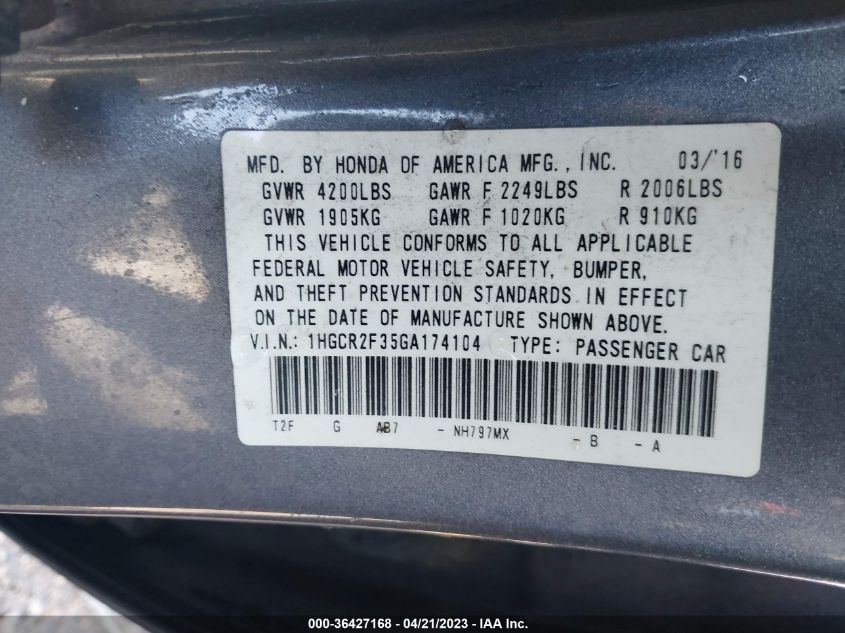 2016 HONDA ACCORD SEDAN LX - 1HGCR2F35GA174104