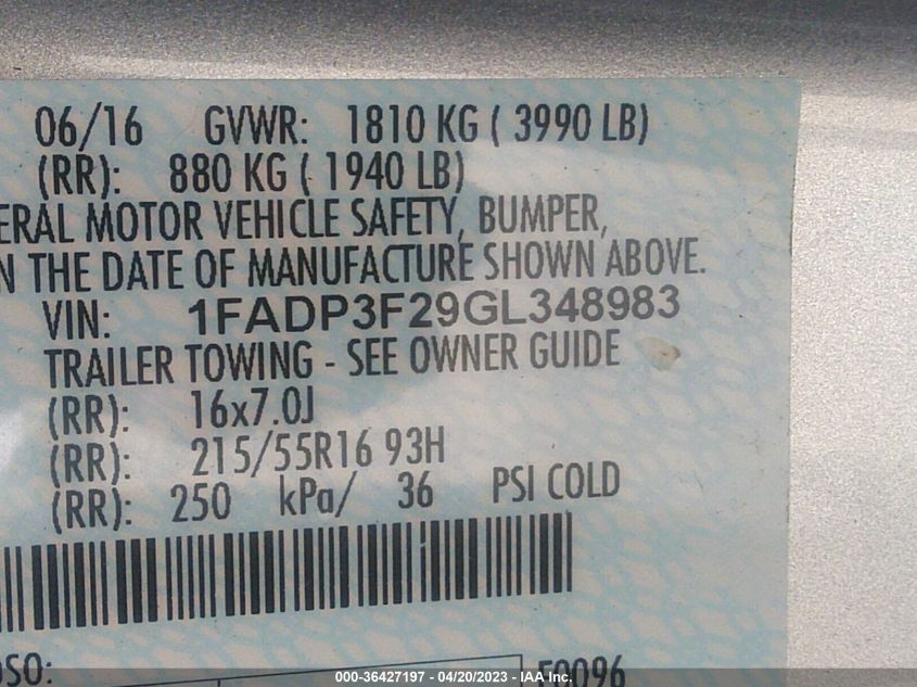 2016 FORD FOCUS SE - 1FADP3F29GL348983