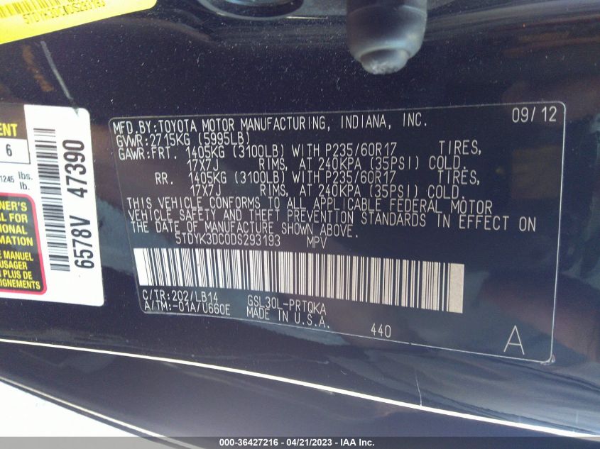 2013 TOYOTA SIENNA XLE AAS/XLE/LTD - 5TDYK3DC0DS293193