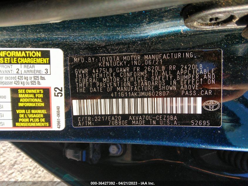 2021 TOYOTA CAMRY SE - 4T1G11AK3MU602807
