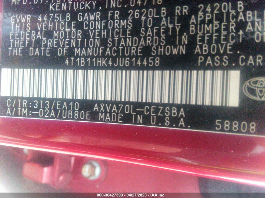 2018 TOYOTA CAMRY LE/SE/XLE/L - 4T1B11HK4JU614458