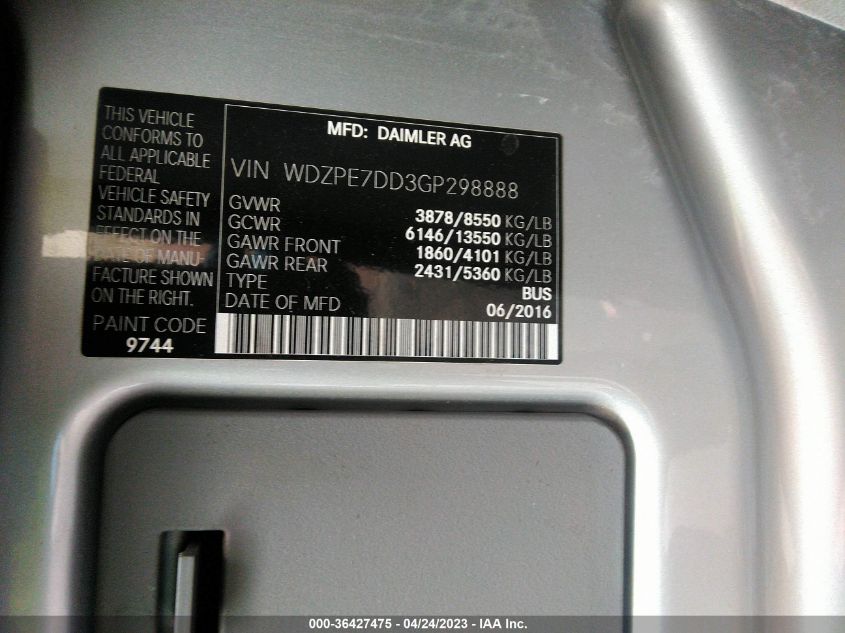 2016 MERCEDES-BENZ SPRINTER PASSENGER VANS - WDZPE7DD3GP298888