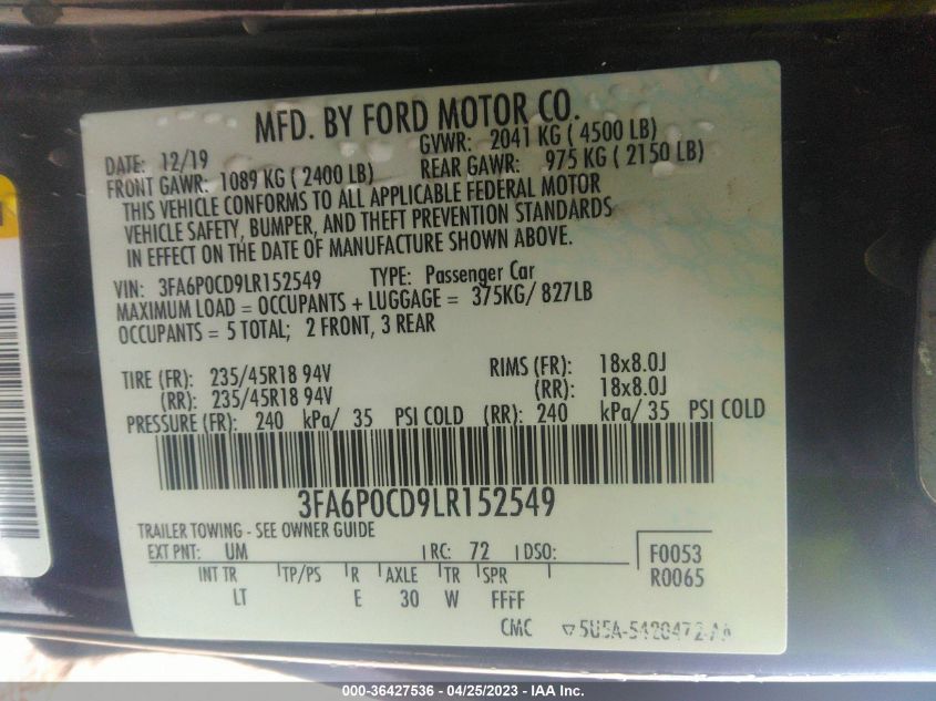 2020 FORD FUSION SEL - 3FA6P0CD9LR152549