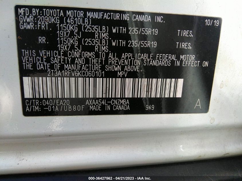2019 TOYOTA RAV4 XLE PREMIUM - 2T3A1RFV6KC060101
