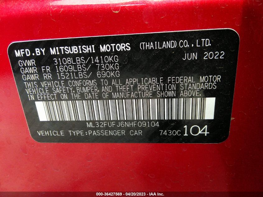 2022 MITSUBISHI MIRAGE G4 ES/LE/BLACK EDITION - ML32FUFJ6NHF09104