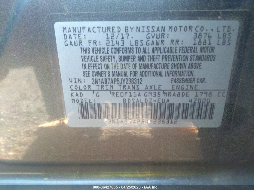 VIN 3N1AB7AP5JY238312 2018 NISSAN SENTRA SV