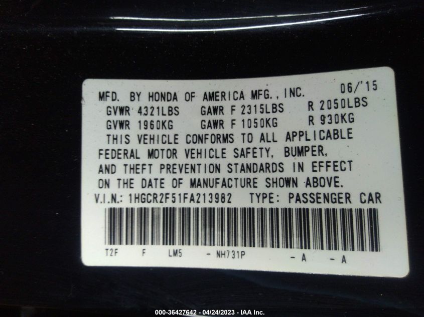 2015 HONDA ACCORD SPORT - 1HGCR2F51FA213982