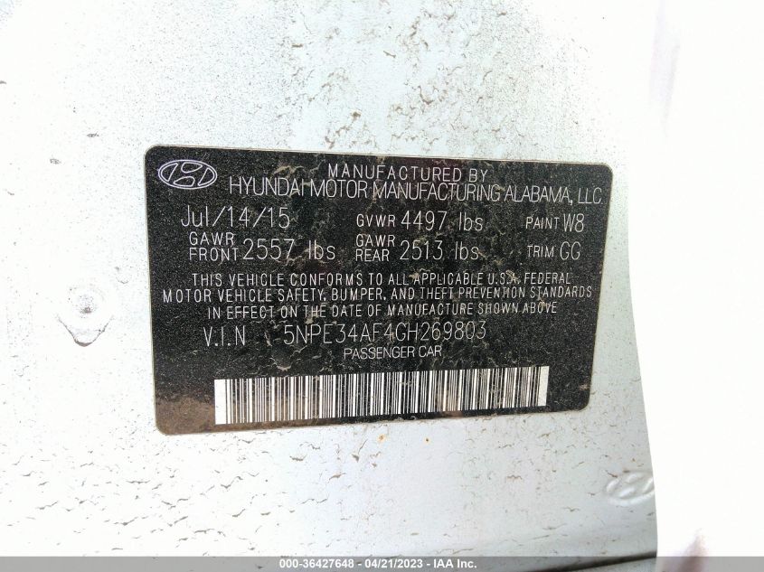 2016 HYUNDAI SONATA 2.4L SPORT - 5NPE34AF4GH269803