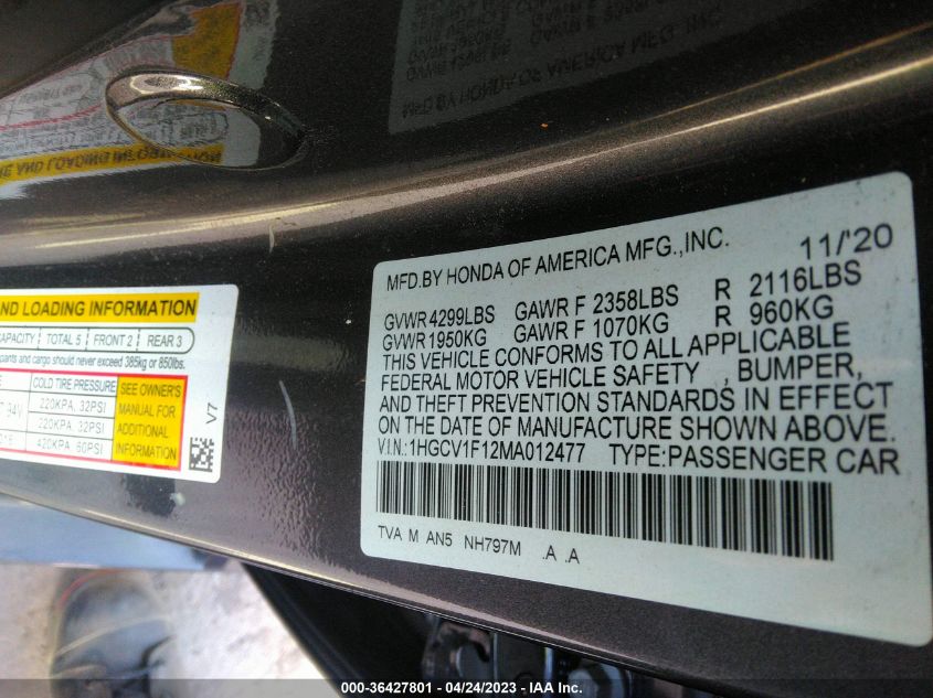 2021 HONDA ACCORD SEDAN LX - 1HGCV1F12MA012477
