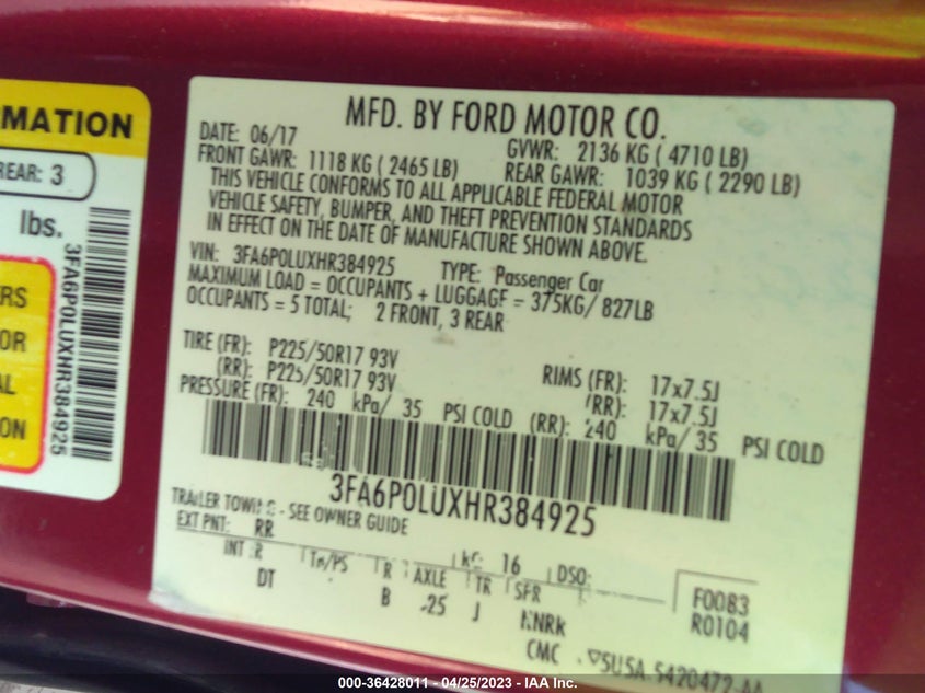 VIN 3FA6P0LUXHR384925 2017 FORD FUSION HYBRID SE