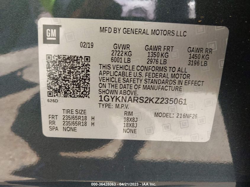 2019 CADILLAC XT5 FWD - 1GYKNARS2KZ235061