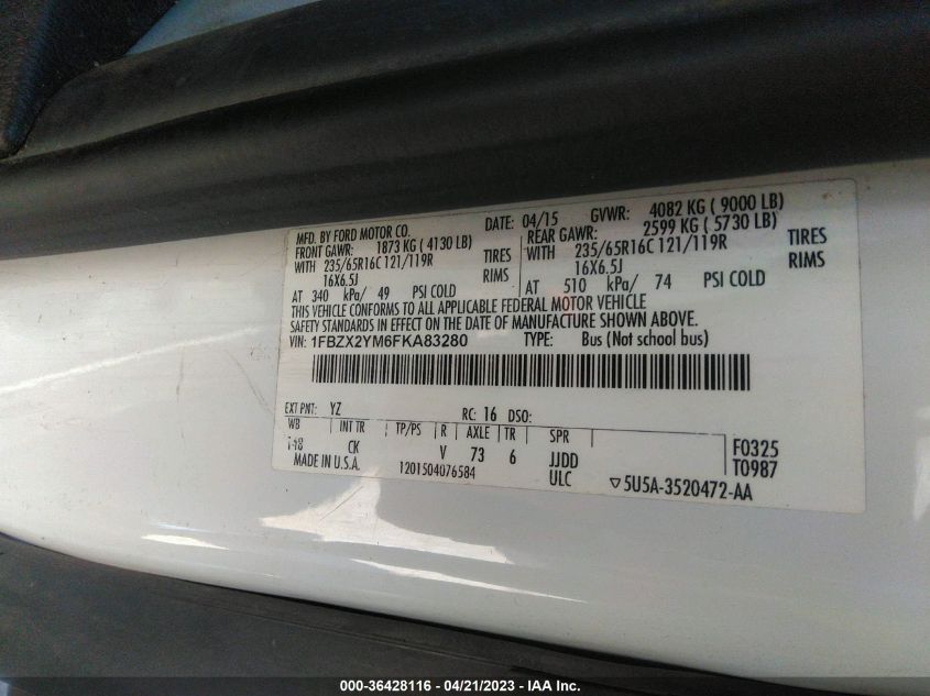 2015 FORD TRANSIT WAGON XL/XLT 1FBZX2YM6FKA83280
