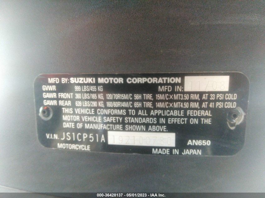 2009 SUZUKI AN650 - JS1CP51A192100780
