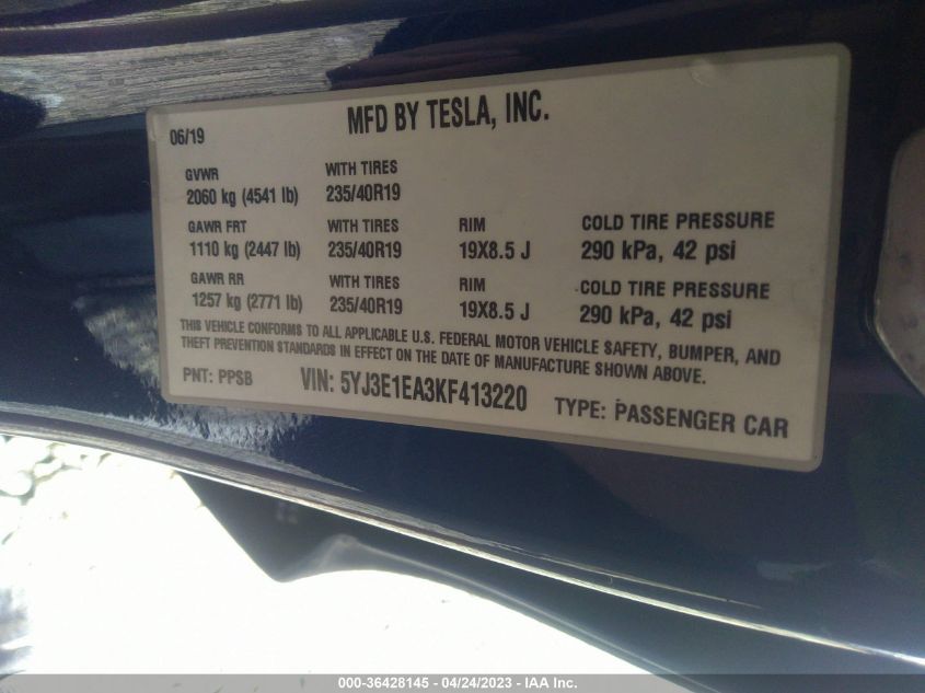 2019 TESLA MODEL 3 RANGE - 5YJ3E1EA3KF413220