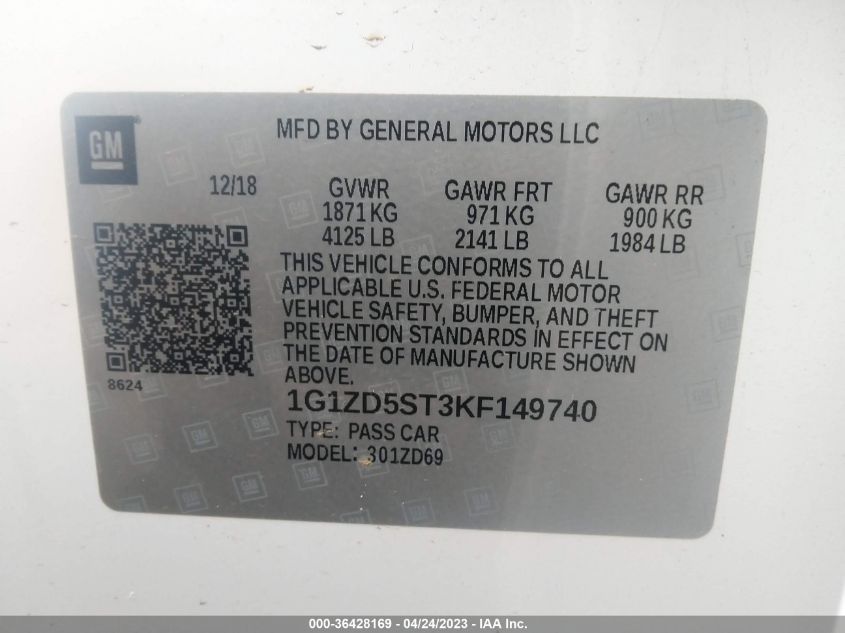 2019 CHEVROLET MALIBU LT - 1G1ZD5ST3KF149740