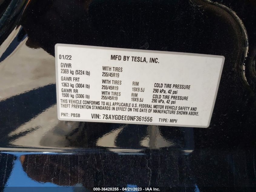 2022 TESLA MODEL Y LONG RANGE - 7SAYGDEE0NF361556